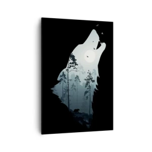 Bild auf Leinwand - Leinwandbild - Silhouette eines Wolfes mit Wald und Mond im Hintergrund - 70x100cm - Die Stimme der Waldnacht - Moderne Wanddekoration für Wohnzimmer und Schlafzimmer ARTTOR