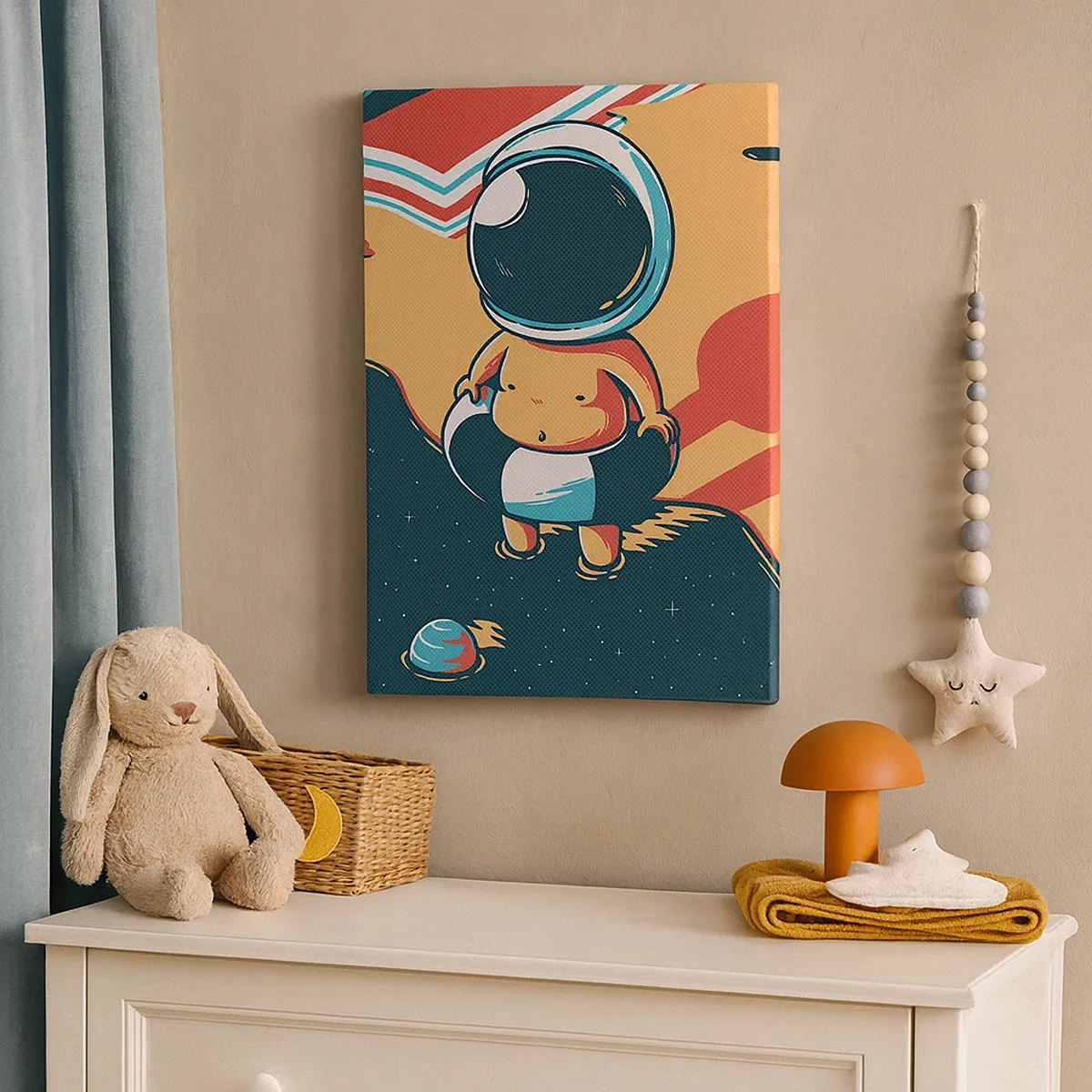 Bild auf Leinwand - Leinwandbild - Lustiger Astronaut am Strand mit Weltraumelementen im Hintergrund - 50x70cm - Aus einer anderen Perspektive - Moderne Wanddekoration für Wohnzimmer und Schlafzimmer ARTTOR