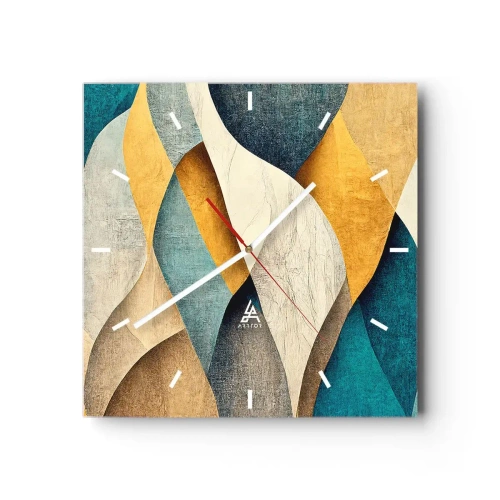 Wanduhr - Glasuhr - Abstrakte Wellen in Blau- und Goldtönen - 30x30cm - Rhythmus und Welle - Moderne Wanddekoration für Wohnzimmer und Schlafzimmer ARTTOR