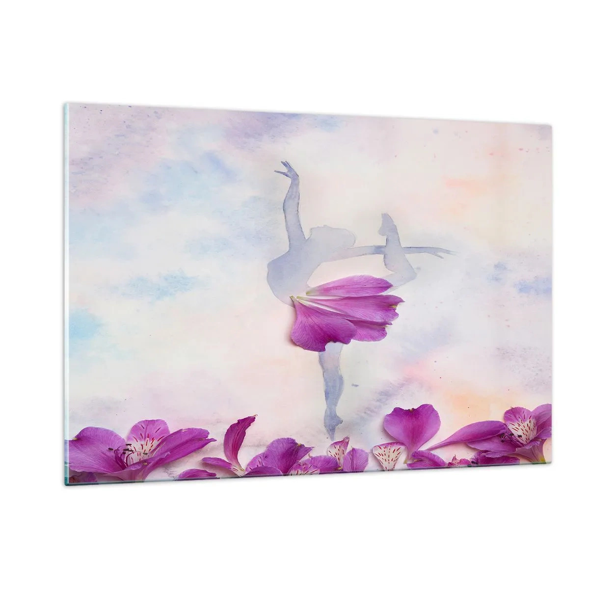 Glasbild - Bild auf glas - Silhouette einer Ballerina mit einer Blume in einer künstlerischen Komposition - 120x80cm - Zart wie eine Blume - Moderne Wanddekoration für Wohnzimmer und Schlafzimmer ARTTOR
