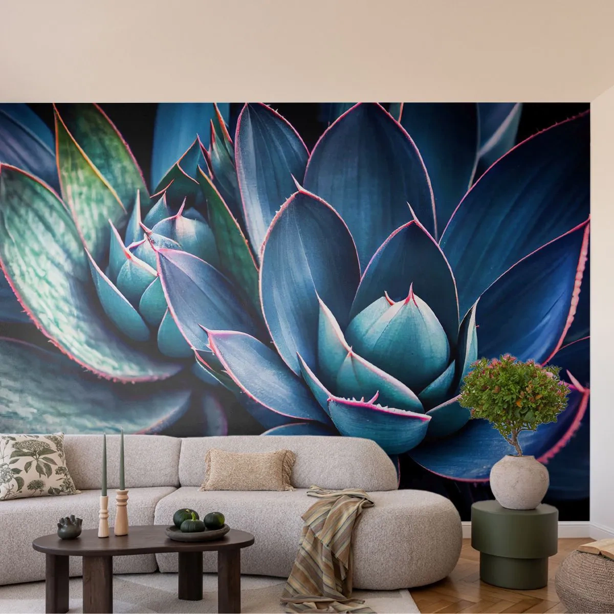 Fototapete Premium Sand - Nahaufnahme von saftigen Blättern in Grün- und Lilatönen - 100x70cm - Lebenskraft - Moderne Wanddekoration für Wohnzimmer und Schlafzimmer ARTTOR