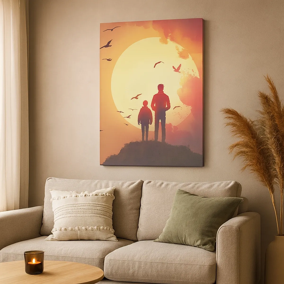 Bild auf Leinwand - Leinwandbild - Figuren vor dem Hintergrund der untergehenden Sonne - 50x70cm - Von Angesicht zu Angesicht mit der Sonne - Moderne Wanddekoration für Wohnzimmer und Schlafzimmer ARTTOR