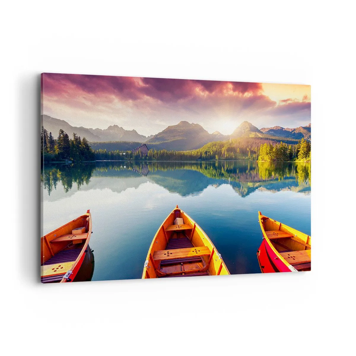 Bild auf Leinwand - Leinwandbild - Drei Holzboote vor der Kulisse eines Bergsees bei Sonnenuntergang - 100x70cm - Nichts gegen die Natur - Moderne Wanddekoration für Wohnzimmer und Schlafzimmer ARTTOR