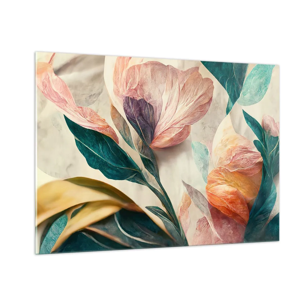Glasbild - Bild auf glas - Exotische Blumen und Blätter in Pastellfarben im botanischen Stil - 100x70cm - Blumen der südlichen Inseln - Moderne Wanddekoration für Wohnzimmer und Schlafzimmer ARTTOR