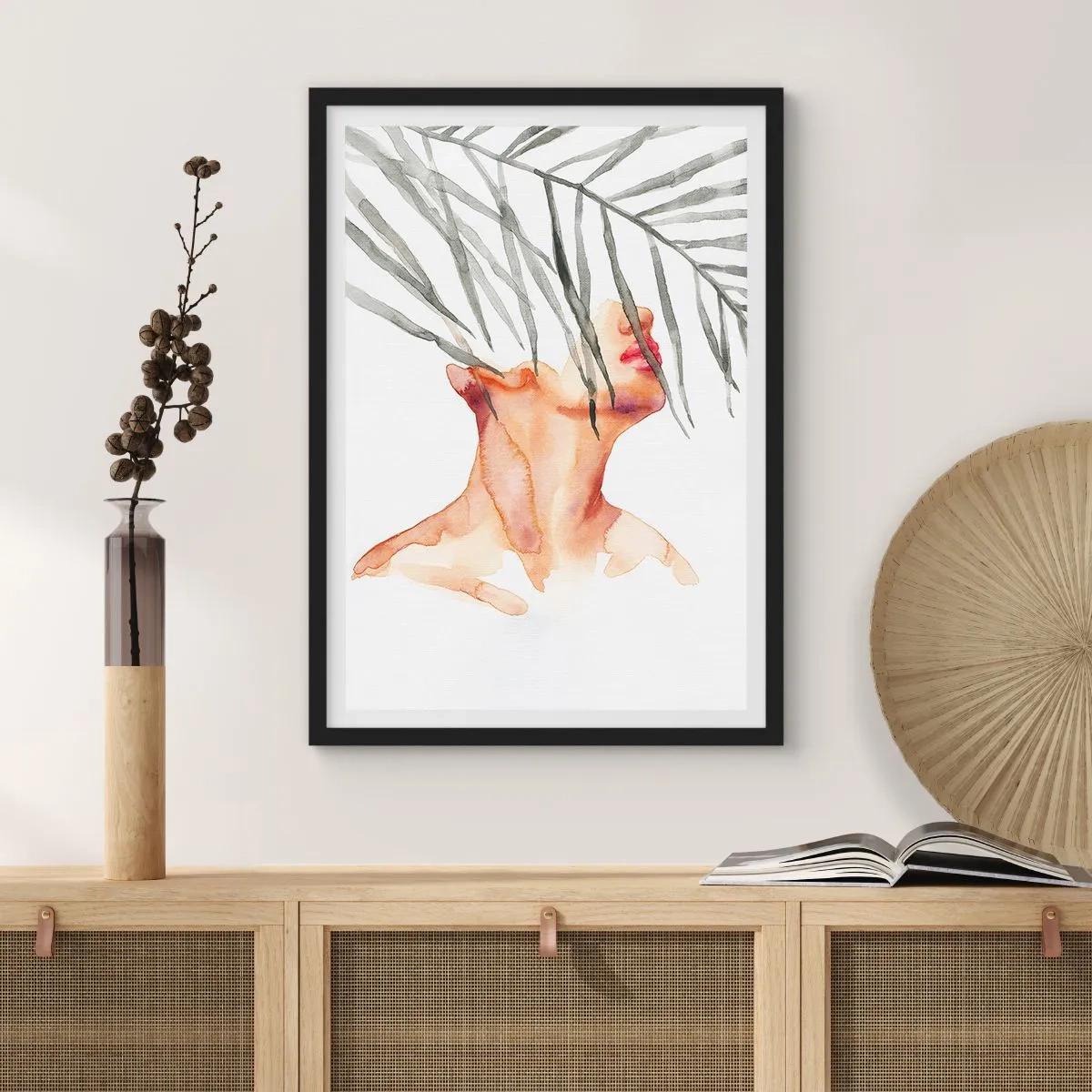 Poster in einem schwarzem Rahmen - Aquarellfrau mit Palmblättern, die ihr Gesicht bedecken - 50x70cm - Spüre den Puls der Tropen - Moderne Wanddekoration für Wohnzimmer und Schlafzimmer ARTTOR
