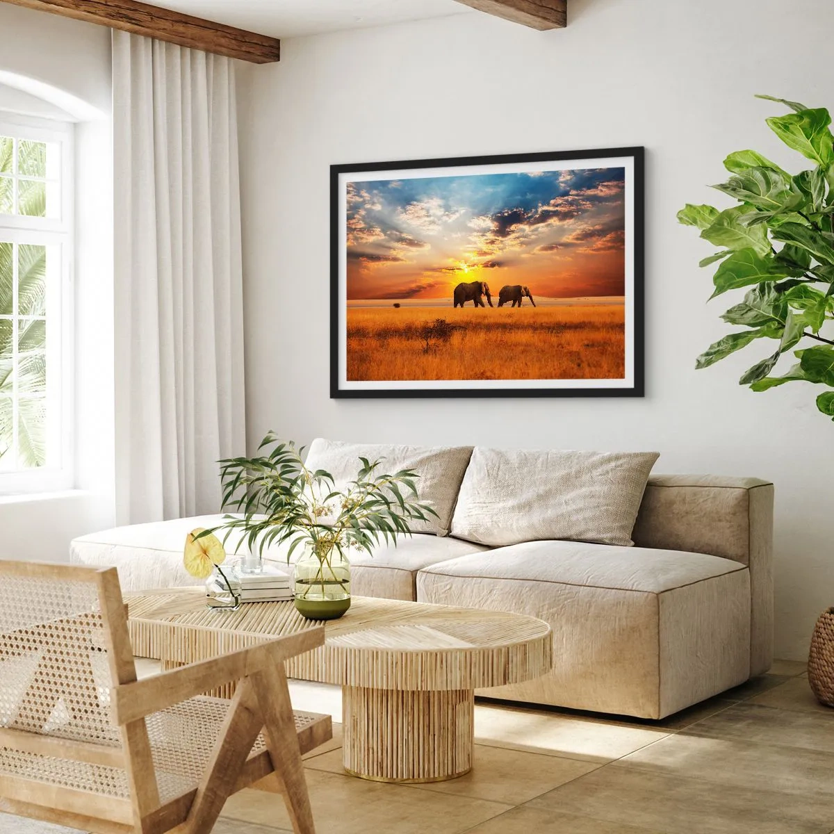 Poster in einem schwarzem Rahmen - Elefanten in der Savanne bei Sonnenuntergang - 70x50cm - Familienspaziergang - Moderne Wanddekoration für Wohnzimmer und Schlafzimmer ARTTOR