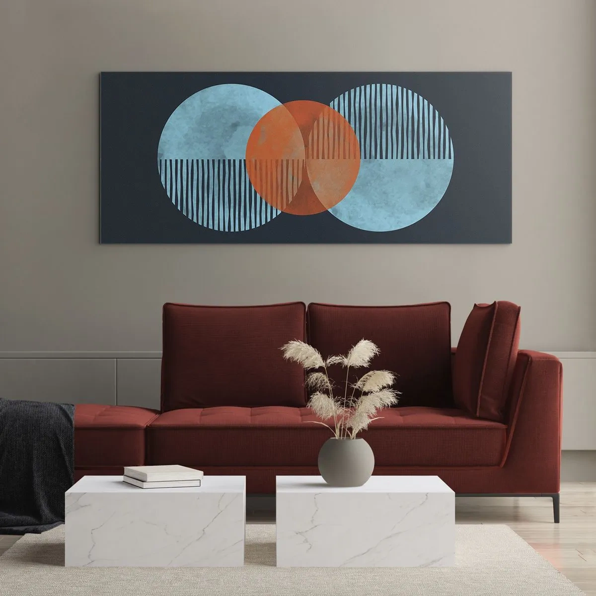Glasbild - Bild auf glas - Geometrische Kreise in Blau- und Orangetönen - 140x50cm - Symmetrische Komposition - Moderne Wanddekoration für Wohnzimmer und Schlafzimmer ARTTOR