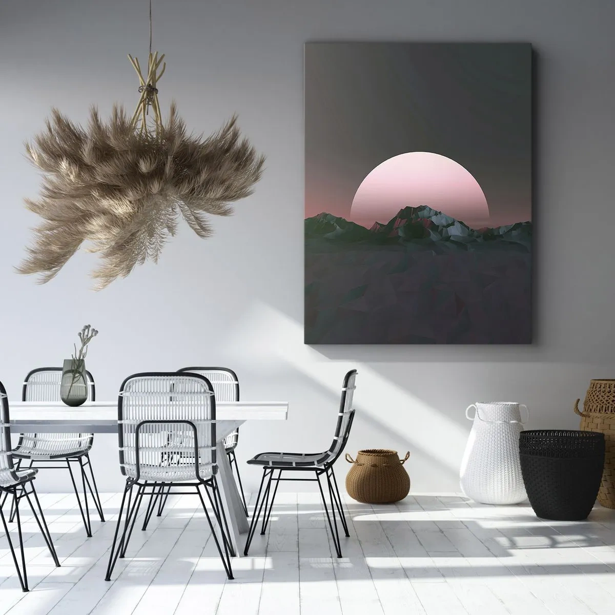 Bild auf Leinwand - Leinwandbild - Geometrische Berge mit der untergehenden Sonne im Hintergrund - 80x120cm - In einer Nachbargalaxie - Moderne Wanddekoration für Wohnzimmer und Schlafzimmer ARTTOR