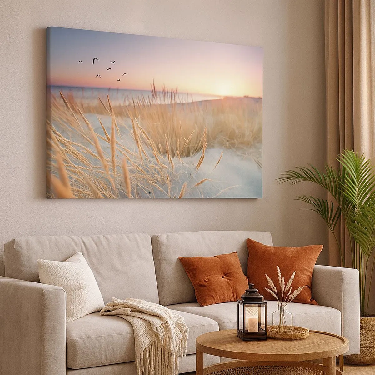 Bild auf Leinwand - Leinwandbild - Sonnenuntergangsstrand mit hohem Gras - 70x50cm - Das baltische Wiegenlied - Moderne Wanddekoration für Wohnzimmer und Schlafzimmer ARTTOR