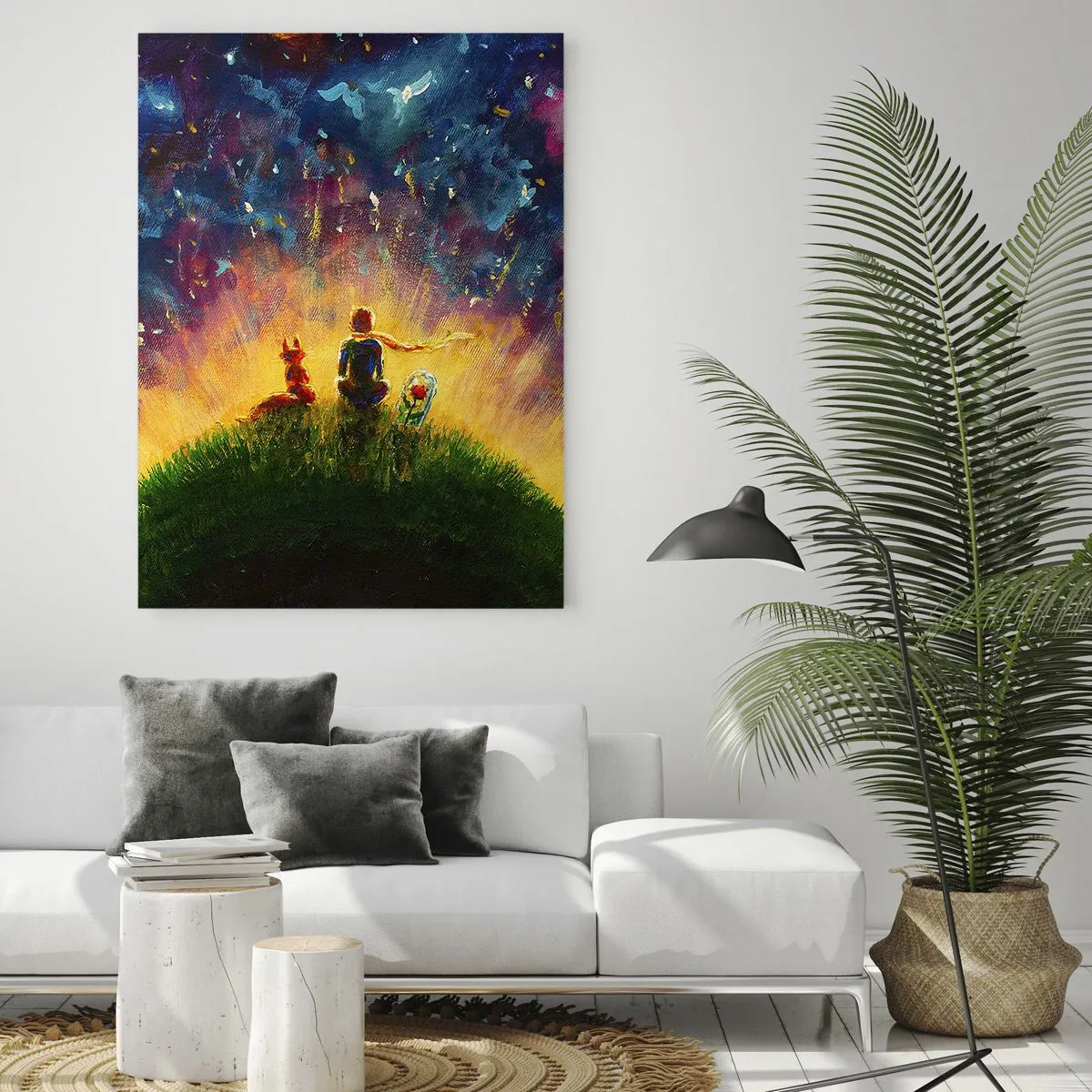 Glasbild - Bild auf glas - Eine Figur mit einem Fuchs auf einem Planeten unter einem Sternenhimmel - 50x70cm - Liebe und Freundschaft - die ganze Welt - Moderne Wanddekoration für Wohnzimmer und Schlafzimmer ARTTOR
