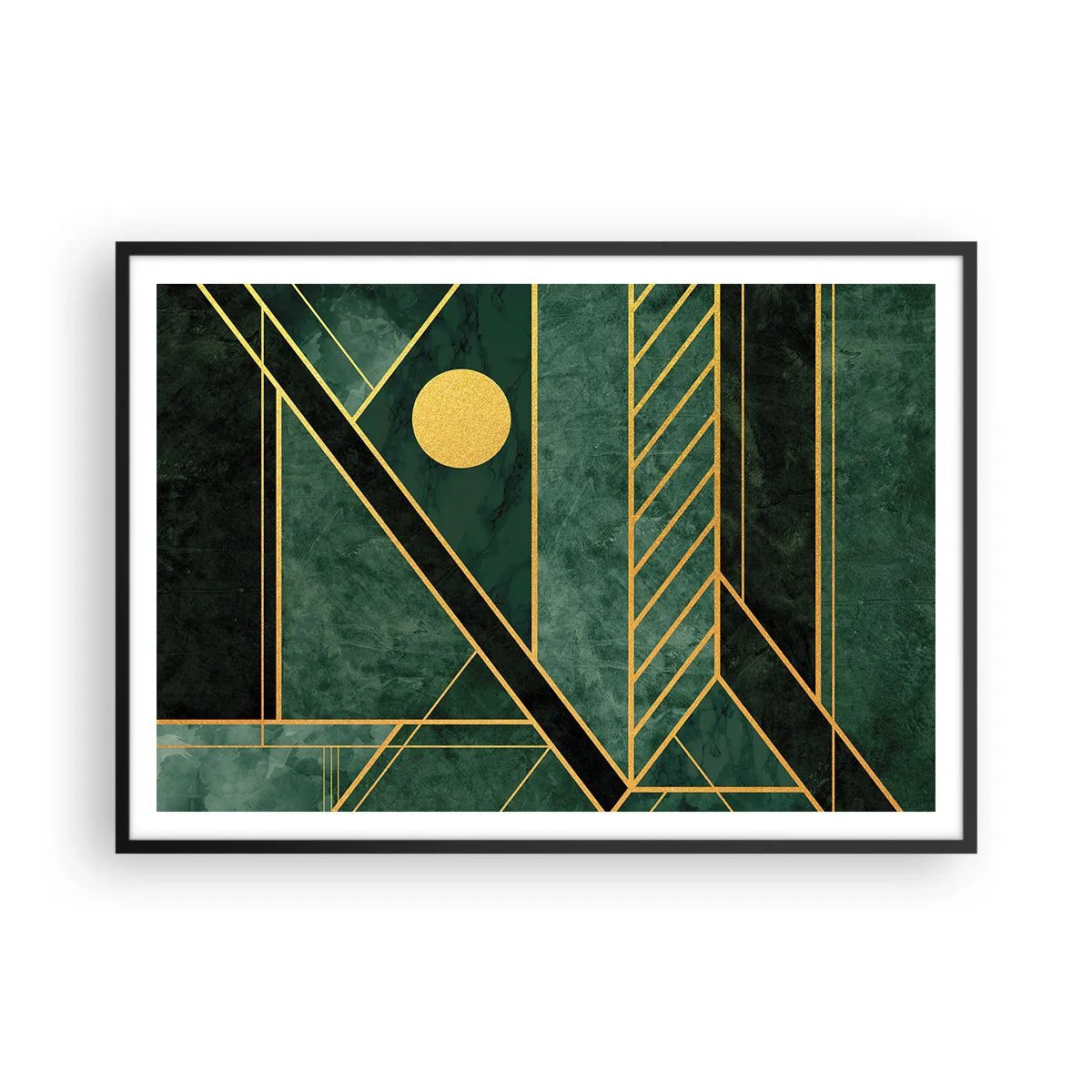 Poster in einem schwarzem Rahmen - Grünes und goldenes geometrisches Design mit elegantem Muster - 100x70cm - Dynamik von Gold und Azurblau - Moderne Wanddekoration für Wohnzimmer und Schlafzimmer ARTTOR