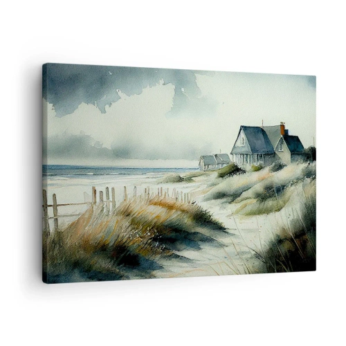 Bild auf Leinwand - Leinwandbild - Ein Haus am Meer, umgeben von Gras und mit Blick auf das Meer - 70x50cm - Abseits vom Trubel - Moderne Wanddekoration für Wohnzimmer und Schlafzimmer ARTTOR