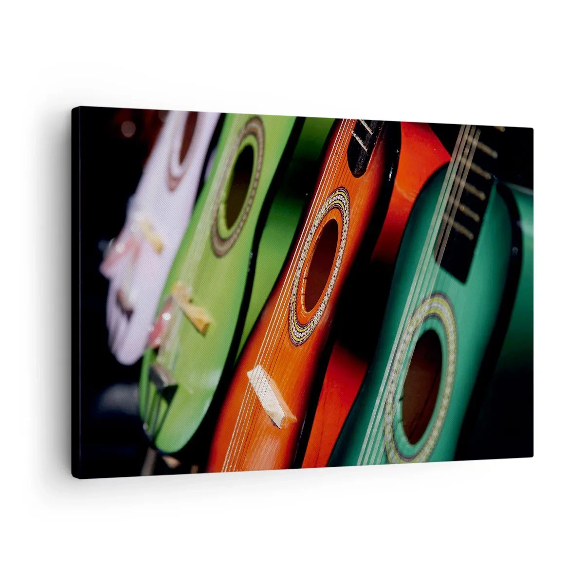 Bild auf Leinwand - Leinwandbild - Bunte Gitarren in verschiedenen Farbtönen in einer Reihe angeordnet - 70x50cm - Die Gitarre hat viele Farben - Moderne Wanddekoration für Wohnzimmer und Schlafzimmer ARTTOR