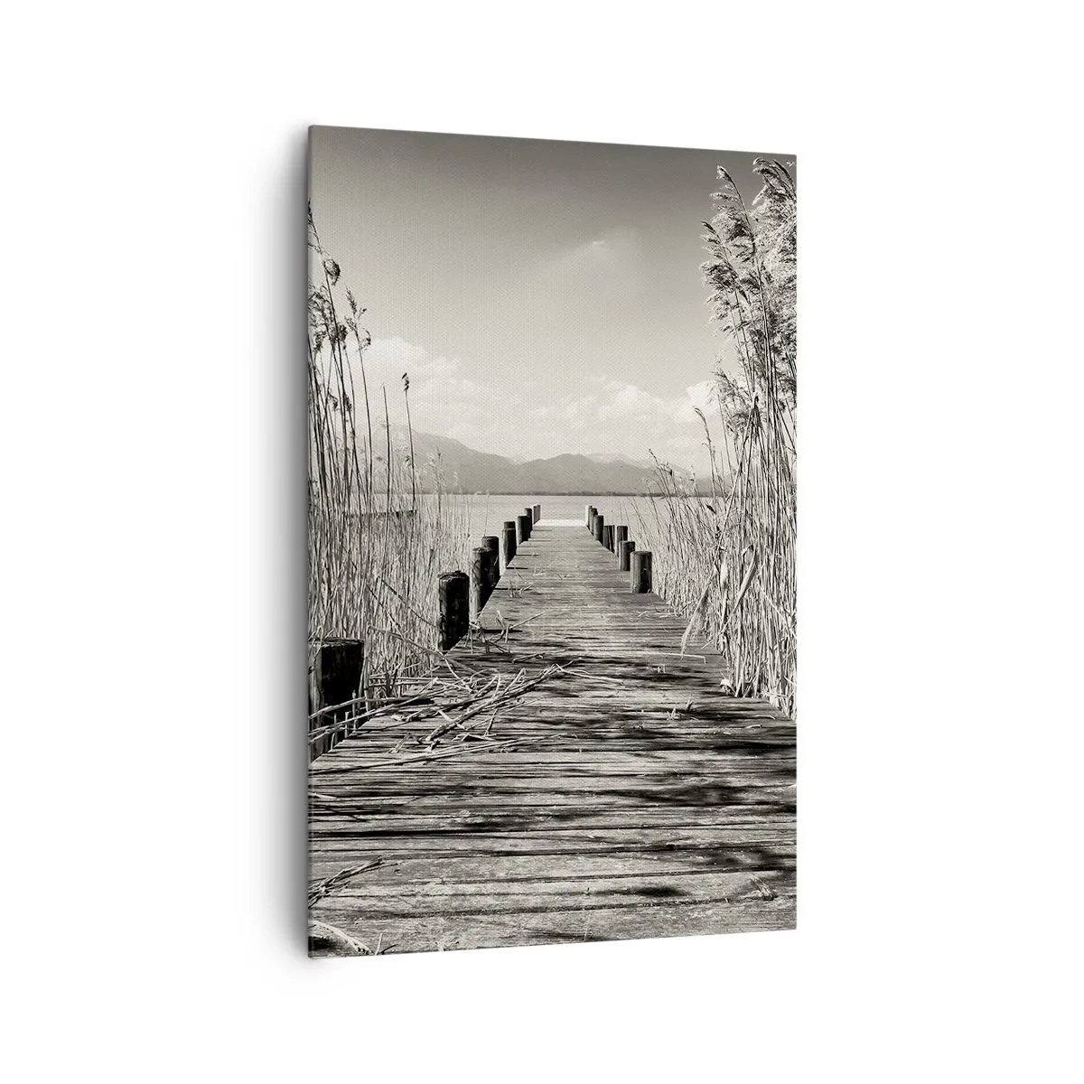 Bild auf Leinwand - Leinwandbild - Ein Holzsteg zwischen hohen Gräsern über einem sepiafarbenen See - 80x120cm - In der Stille des Grases - Moderne Wanddekoration für Wohnzimmer und Schlafzimmer ARTTOR