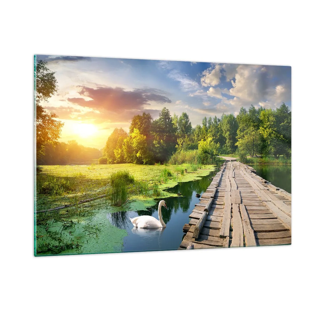 Glasbild - Bild auf glas - Holzsteg über einem See mit einem Schwan bei Sonnenuntergang - 120x80cm - Sommer, Sommer überall - Moderne Wanddekoration für Wohnzimmer und Schlafzimmer ARTTOR