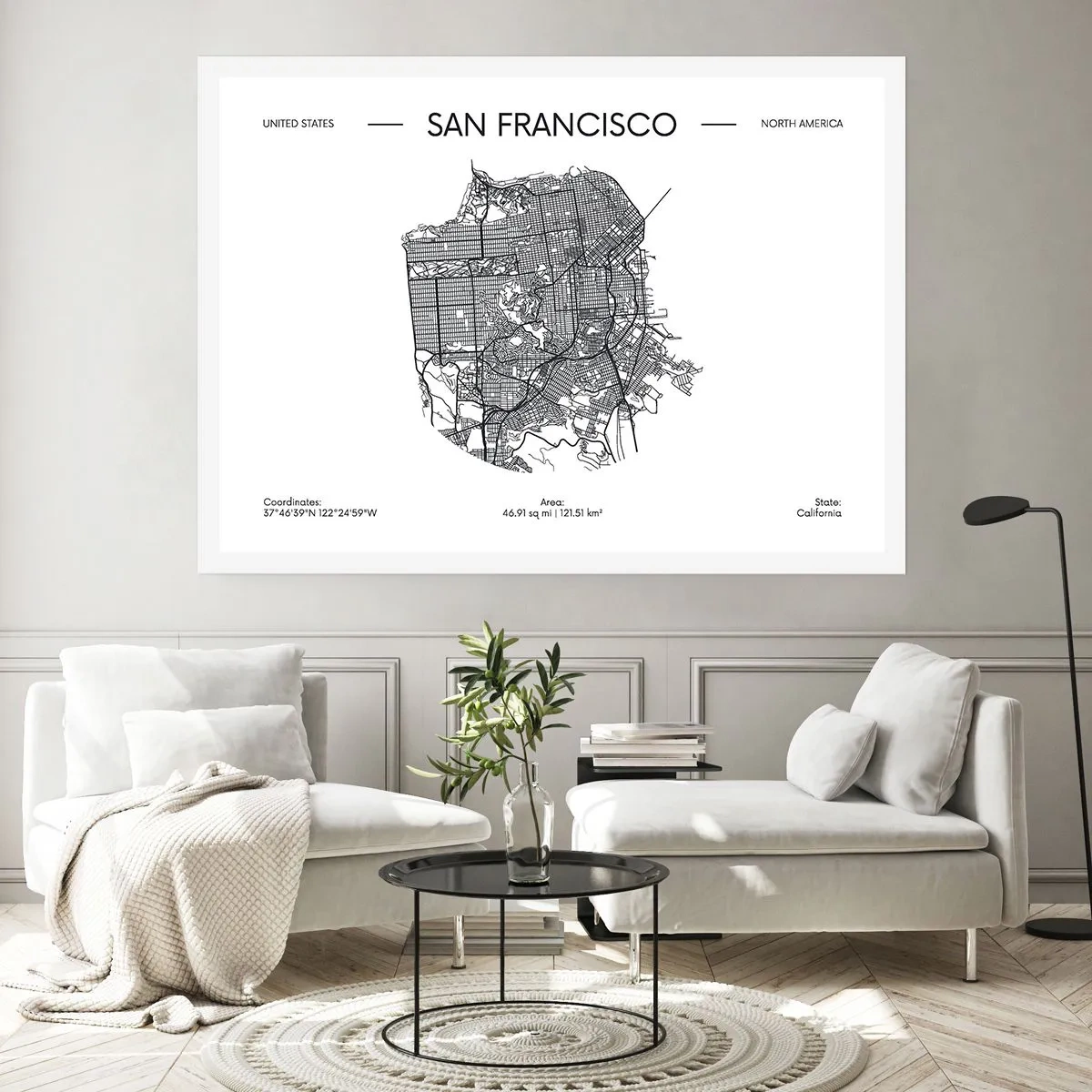 Poster - Eine Karte von San Francisco im minimalistischen Schwarz-Weiß-Stil. - 100x70cm - Anatomie von San Francisco - Moderne Wanddekoration für Wohnzimmer und Schlafzimmer ARTTOR