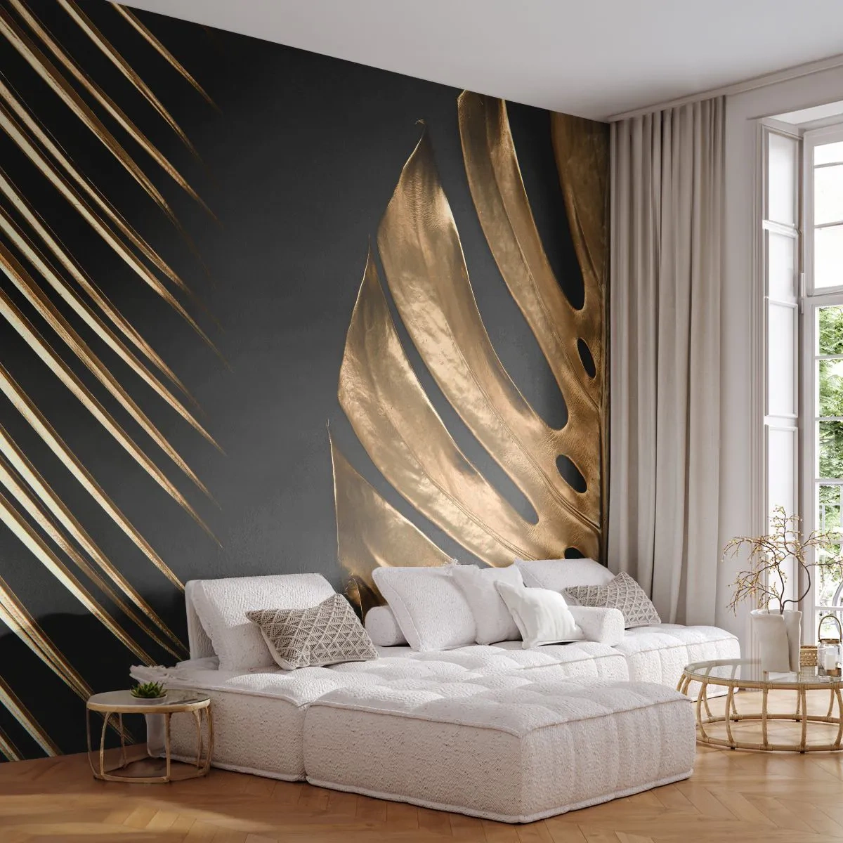 Fototapete Premium Sand - Anders und genauso teuer - Palmblatt, Monstera-Blatt, Abstraktion - 250x175 cm