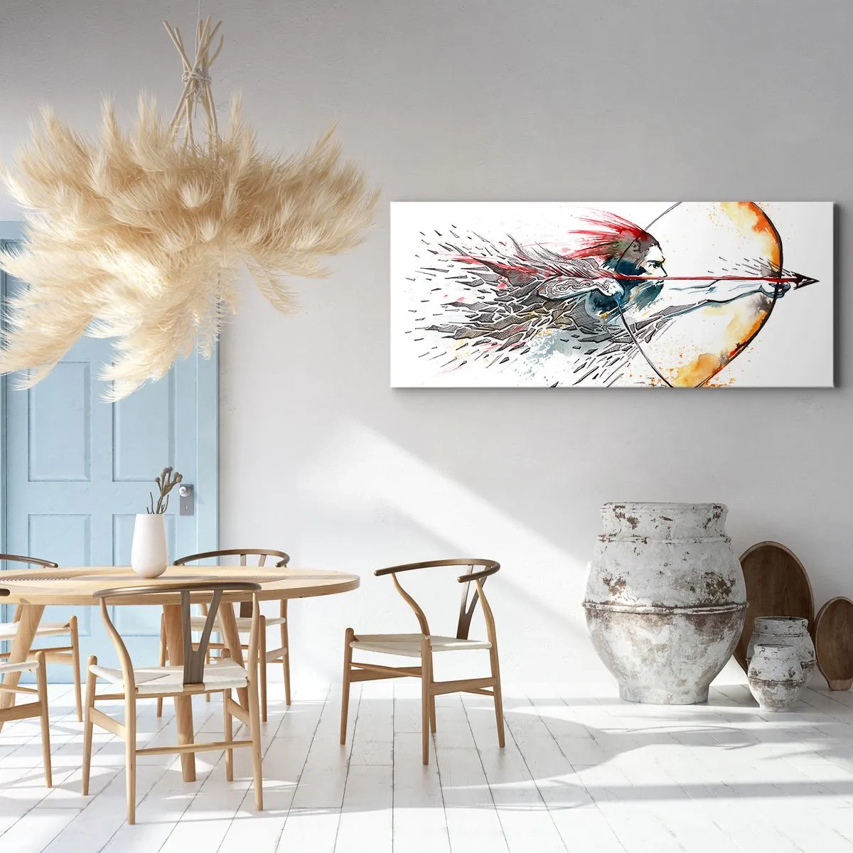 Bild auf Leinwand - Leinwandbild - Dynamisches Aquarell eines Kriegers mit Pfeil und Bogen - 160x50cm - Mythischer Krieger mit feurigem Bogen - Moderne Wanddekoration für Wohnzimmer und Schlafzimmer ARTTOR