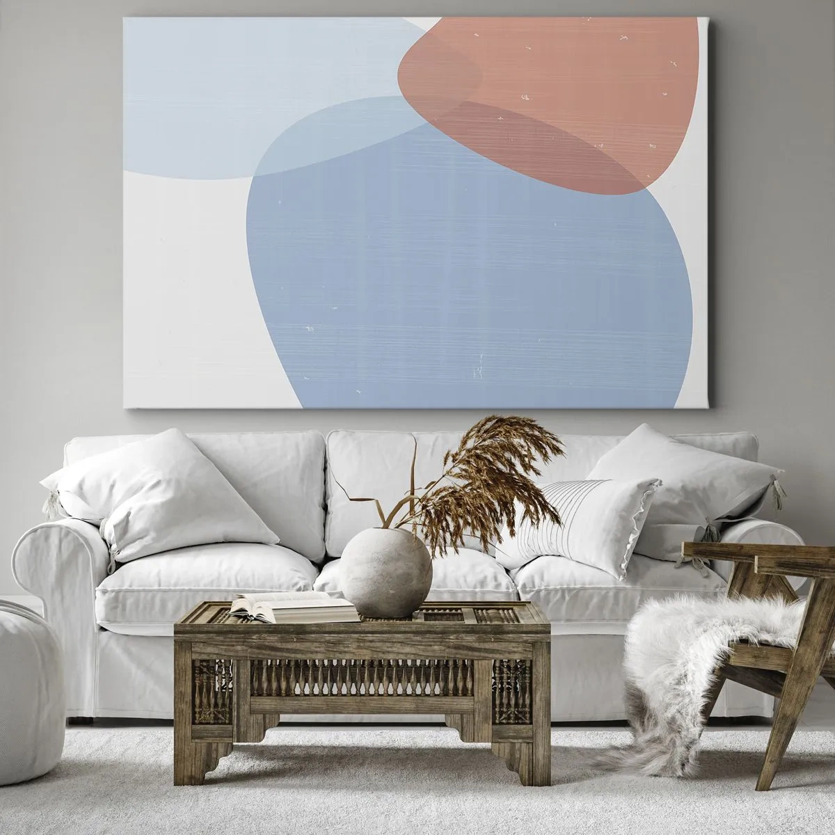 Bild auf Leinwand - Leinwandbild - Eine abstrakte Komposition in Pastelltönen von Blau und Rosa mit organischen Formen. - 70x50cm - Pastellbeziehungen - Moderne Wanddekoration für Wohnzimmer und Schlafzimmer ARTTOR
