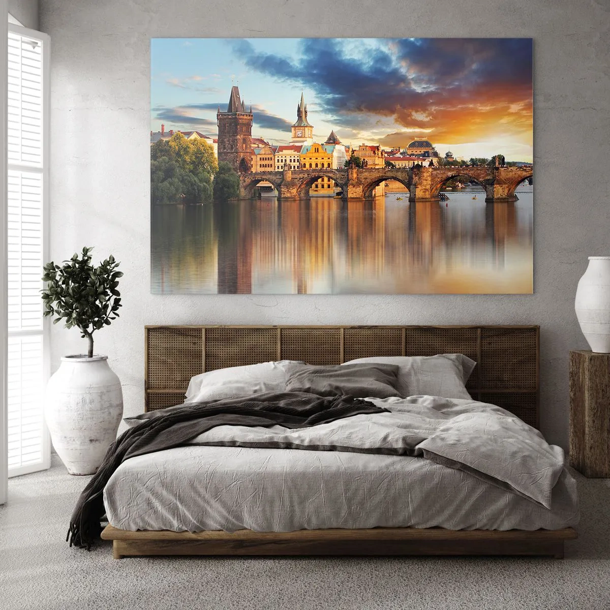 Glasbild - Bild auf glas - Karlsbrücke bei Sonnenuntergang mit malerischen Gebäuden im Hintergrund - 70x50cm - Schön seit Ewigkeiten - Moderne Wanddekoration für Wohnzimmer und Schlafzimmer ARTTOR