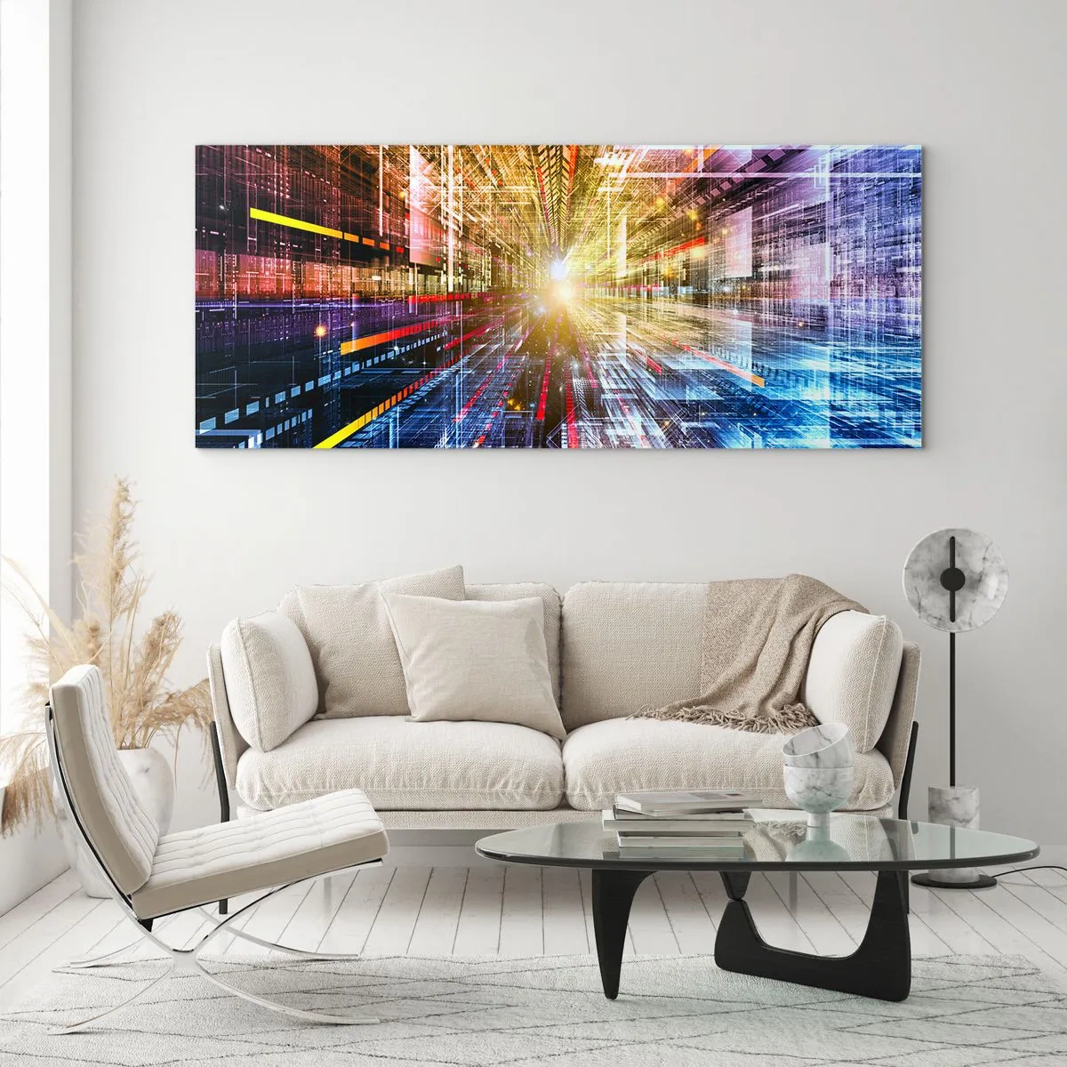 Glasbild - Bild auf glas - Dynamische Lichter in einem futuristischen Korridor - 160x50cm - Leuchtender Korridor - Moderne Wanddekoration für Wohnzimmer und Schlafzimmer ARTTOR