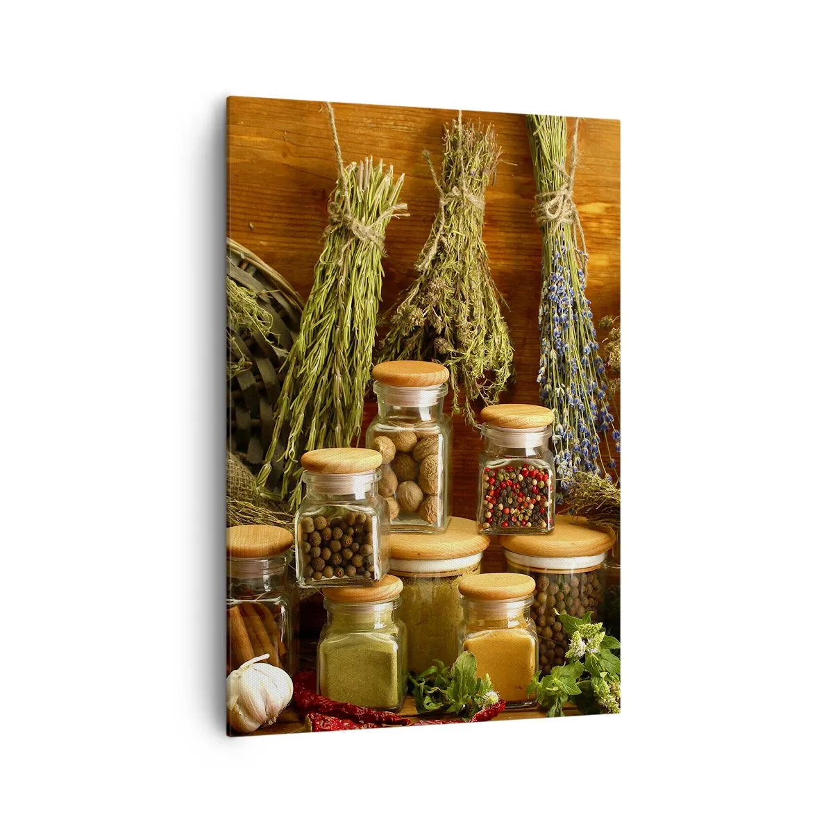 Bild auf Leinwand - Leinwandbild - Kräuter und Gewürze in Gläsern auf rustikalem Hintergrund - 70x100cm - Küchenzauber - Moderne Wanddekoration für Wohnzimmer und Schlafzimmer ARTTOR