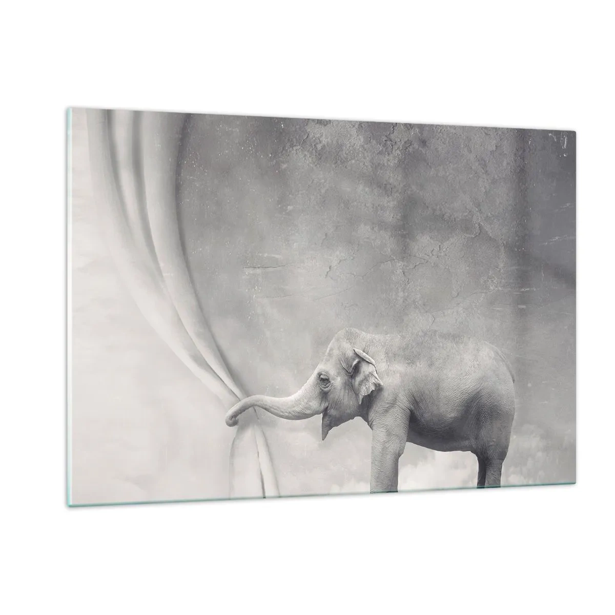 Glasbild - Bild auf glas - Ein Elefant in einer surrealen Umgebung mit einem Vorhang - 120x80cm - Enthülle das Geheimnis - Moderne Wanddekoration für Wohnzimmer und Schlafzimmer ARTTOR