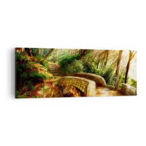 Bild auf Leinwand - Leinwandbild - Waldlandschaft mit Sonnenstrahlen und einer Steinbrücke - 140x50cm - Direkt von der Brücke in den Märchenwald - Moderne Wanddekoration für Wohnzimmer und Schlafzimmer ARTTOR