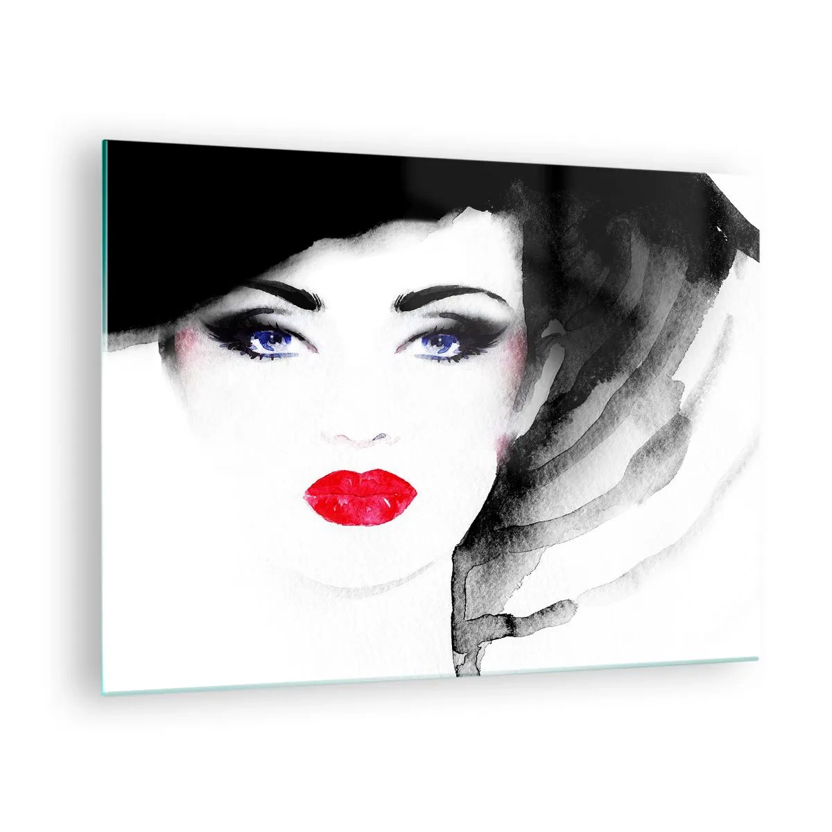 Glasbild - Bild auf glas - Porträt einer Frau mit ausdrucksstarken roten Lippen und schwarzem Hut - 70x50cm - Er drückt zurück und ruft an - Moderne Wanddekoration für Wohnzimmer und Schlafzimmer ARTTOR