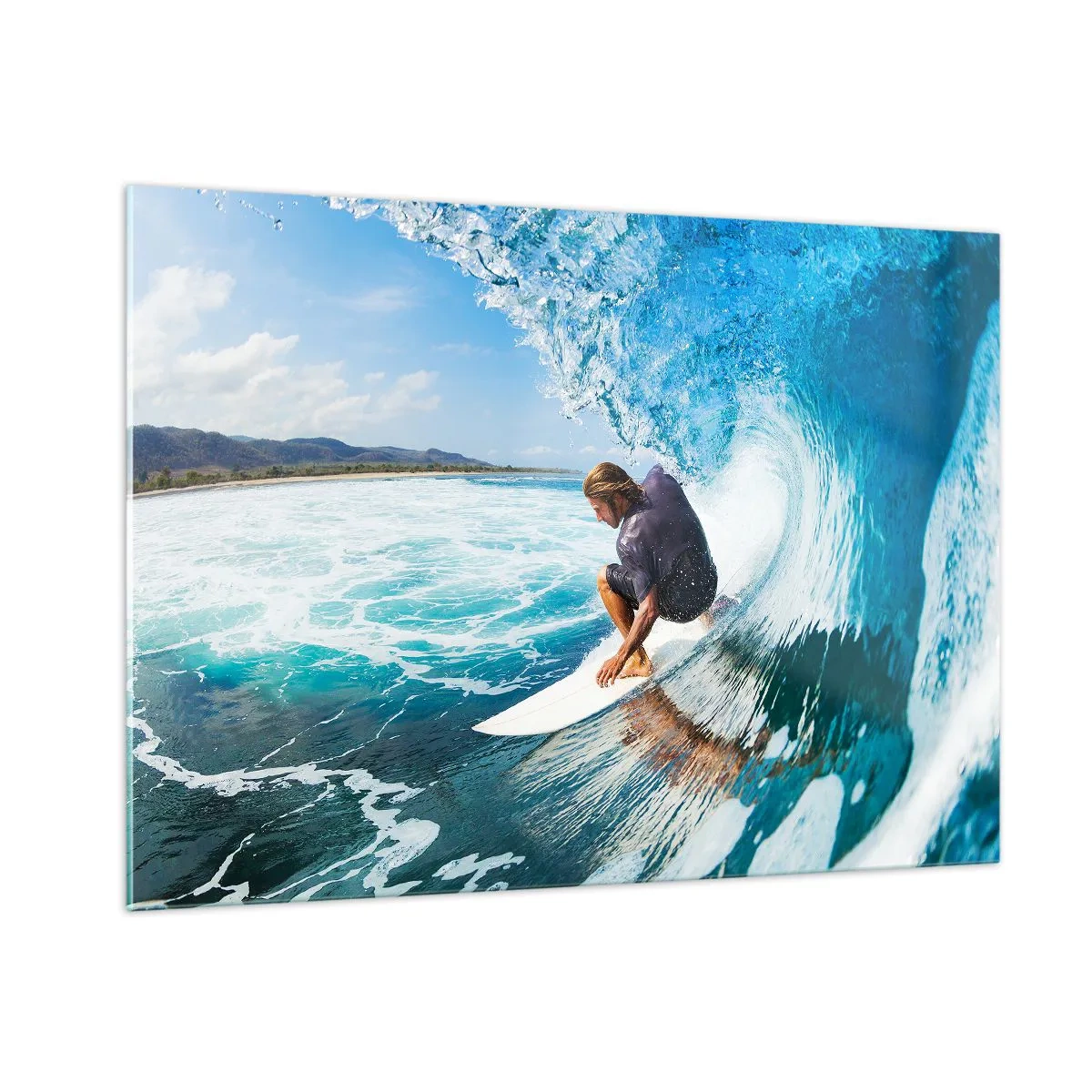 Glasbild - Bild auf glas - Surfer in einem Wassertunnel mit dem Ozean im Hintergrund - 100x70cm - Tanzen mit den Wellen - Moderne Wanddekoration für Wohnzimmer und Schlafzimmer ARTTOR