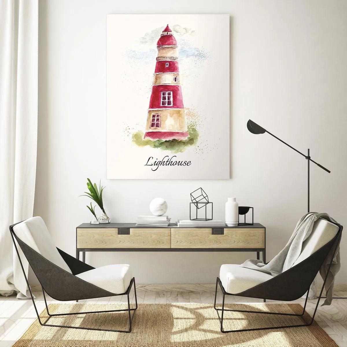 Glasbild - Bild auf glas - Aquarell Leuchtturm mit der Aufschrift Lighthouse - 50x70cm - Das Wetter ringsum ist immer gut - Moderne Wanddekoration für Wohnzimmer und Schlafzimmer ARTTOR