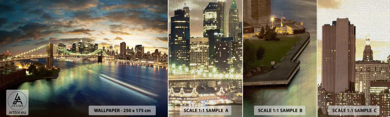 Fototapeten Muster Premium Canvas - Ein heller Abend über Manhattan - Stadt, Brücke, New York - 100x30 cm