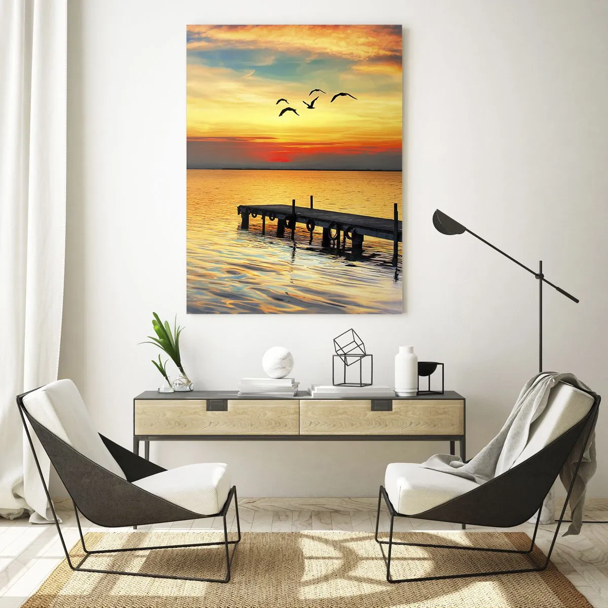 Glasbild - Bild auf glas - Segelboot und Pier bei Sonnenuntergang auf einem ruhigen See - 50x70cm - Abendrückkehr - Moderne Wanddekoration für Wohnzimmer und Schlafzimmer ARTTOR
