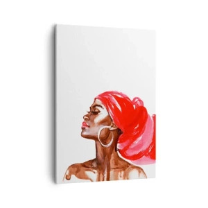 Bild auf Leinwand - Leinwandbild - Profil einer Frau mit rotem Turban und Ohrringen - 50x70cm - Es weht ein Wind, der die Nase eines Mannes öffnet - Moderne Wanddekoration für Wohnzimmer und Schlafzimmer ARTTOR