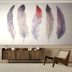 Fototapete Premium Sand - Aquarellfedern in dezenten Farbtönen - 100x70cm - Zart wie mehrfarbiger Nebel - Moderne Wanddekoration für Wohnzimmer und Schlafzimmer ARTTOR