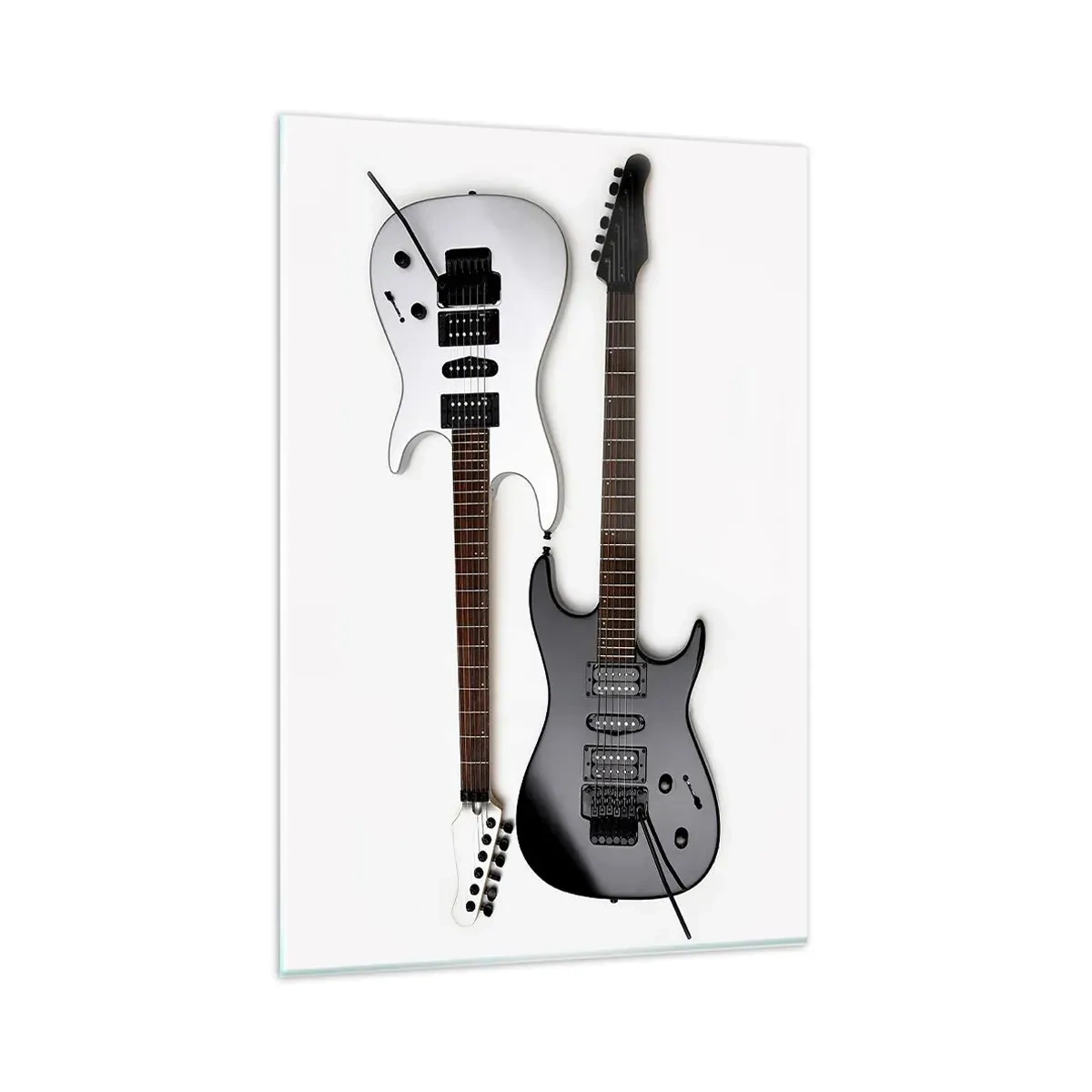 Glasbild - Bild auf glas - Zwei E-Gitarren in Schwarz und Weiß auf hellem Hintergrund. - 80x120cm - Harmonie der Formen - Moderne Wanddekoration für Wohnzimmer und Schlafzimmer ARTTOR