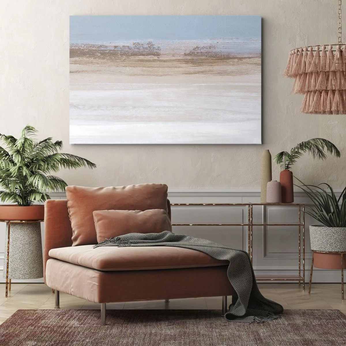 Bild auf Leinwand - Leinwandbild - Eine subtile Landschaft in Pastelltönen von Blau und Beige - 70x50cm - Mehrdeutige Landschaft - Moderne Wanddekoration für Wohnzimmer und Schlafzimmer ARTTOR