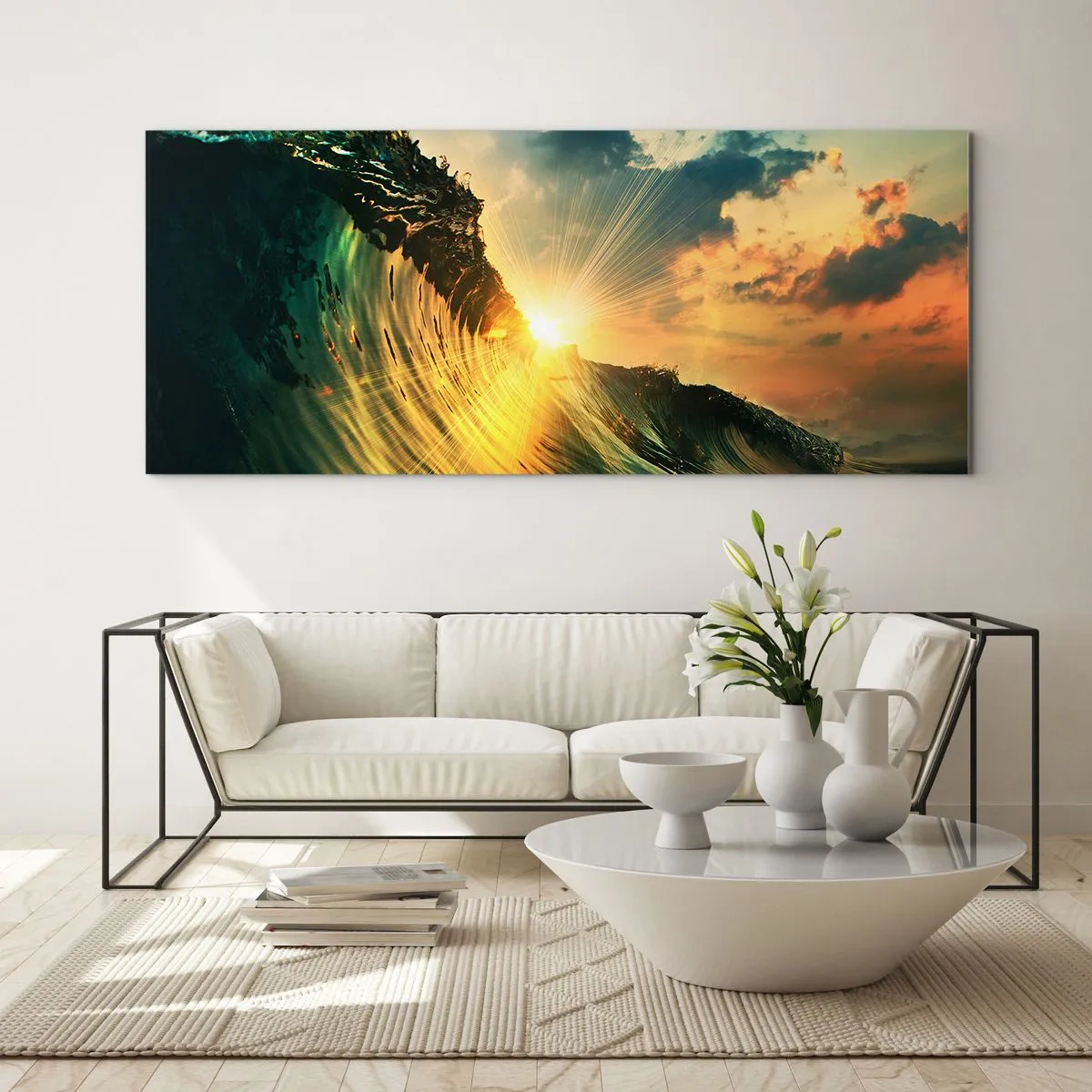 Glasbild - Bild auf glas - Eine Welle mit untergehender Sonne und beleuchteten Wolken - 120x50cm - Surfer, wo bist du? - Moderne Wanddekoration für Wohnzimmer und Schlafzimmer ARTTOR