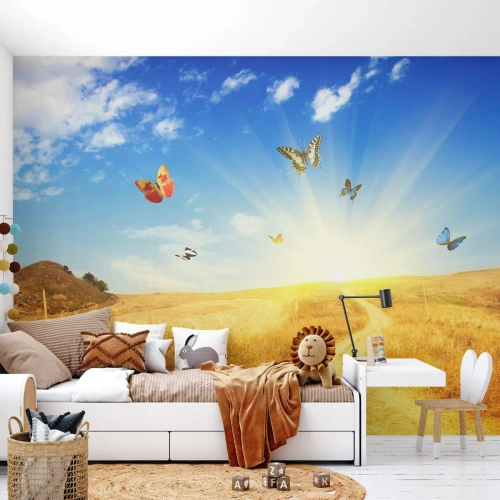 Fototapete Premium Sand - Schmetterlinge über einem Feldweg bei Sonnenaufgang - 100x70cm - Und wie kann man den Sommer nicht lieben? - Moderne Wanddekoration für Wohnzimmer und Schlafzimmer ARTTOR