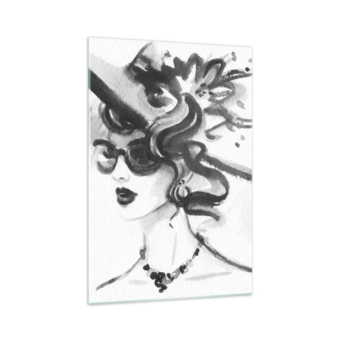 Glasbild - Bild auf glas - Elegante Frau mit Hut im Schwarz-Weiß-Stil - 70x100cm - Eine Dame mit Charakter - Moderne Wanddekoration für Wohnzimmer und Schlafzimmer ARTTOR