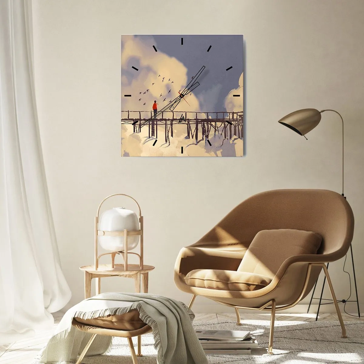 Wanduhr - Glasuhr - Eine Figur auf einer Brücke zwischen Wolken mit Vögeln am Himmel - 30x30cm - Blaue Sehnsucht - Moderne Wanddekoration für Wohnzimmer und Schlafzimmer ARTTOR