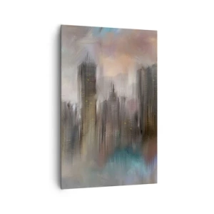Bild auf Leinwand - Leinwandbild - Eine künstlerische Vision einer Stadtlandschaft mit Wolkenkratzern in Pastellfarben. - 80x120cm - Eine Komposition aus Stahl, Stein und Nebel - Moderne Wanddekoration für Wohnzimmer und Schlafzimmer ARTTOR