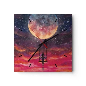 Wanduhr - Glasuhr - Eine Figur auf einer Schaukel, die vor dem Mond hängt - 30x30cm - Traum - Moderne Wanddekoration für Wohnzimmer und Schlafzimmer ARTTOR