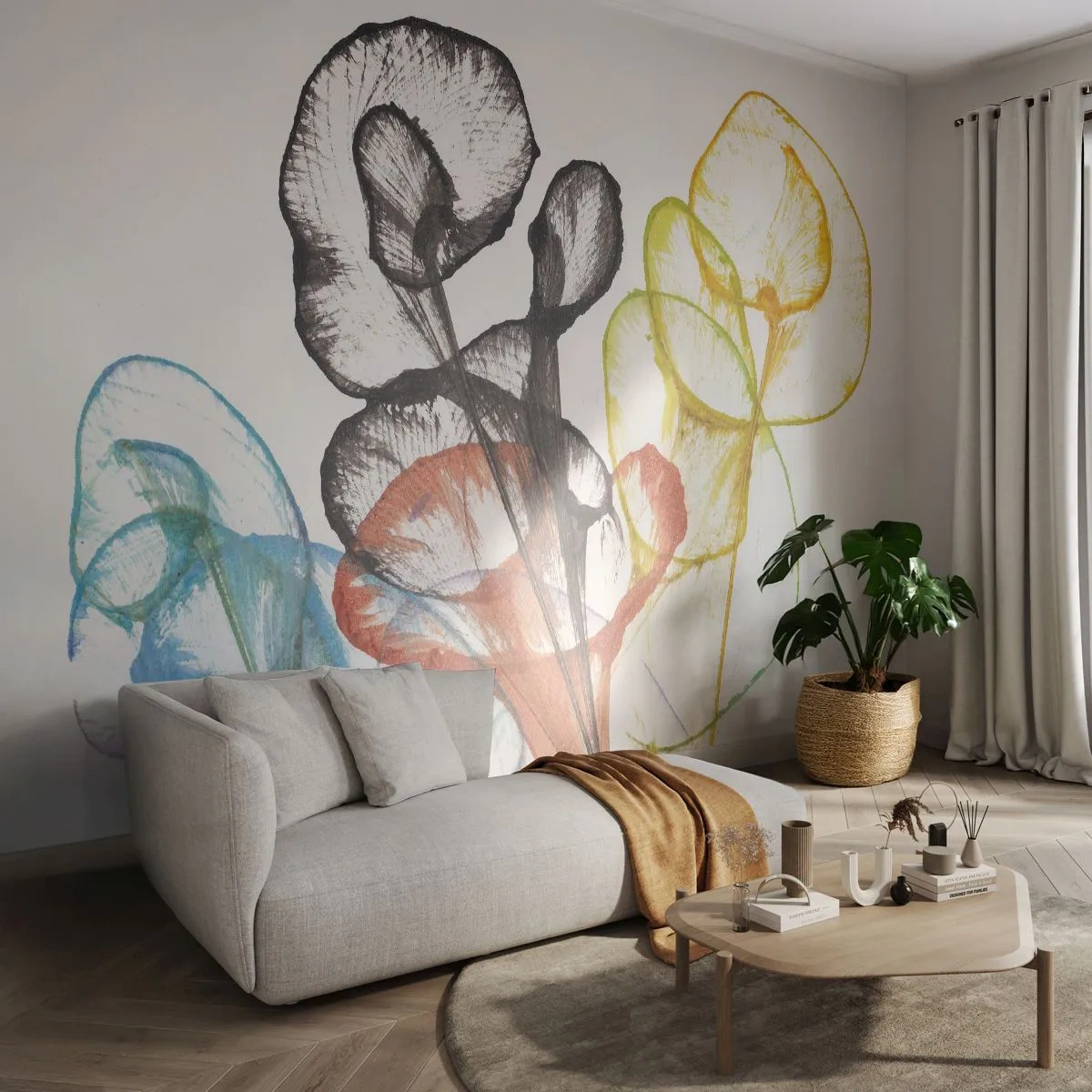 Fototapete Premium Sand - Bunte, transparente Blätter auf weißem Hintergrund - 100x70cm - Blumen mit Seele - Moderne Wanddekoration für Wohnzimmer und Schlafzimmer ARTTOR
