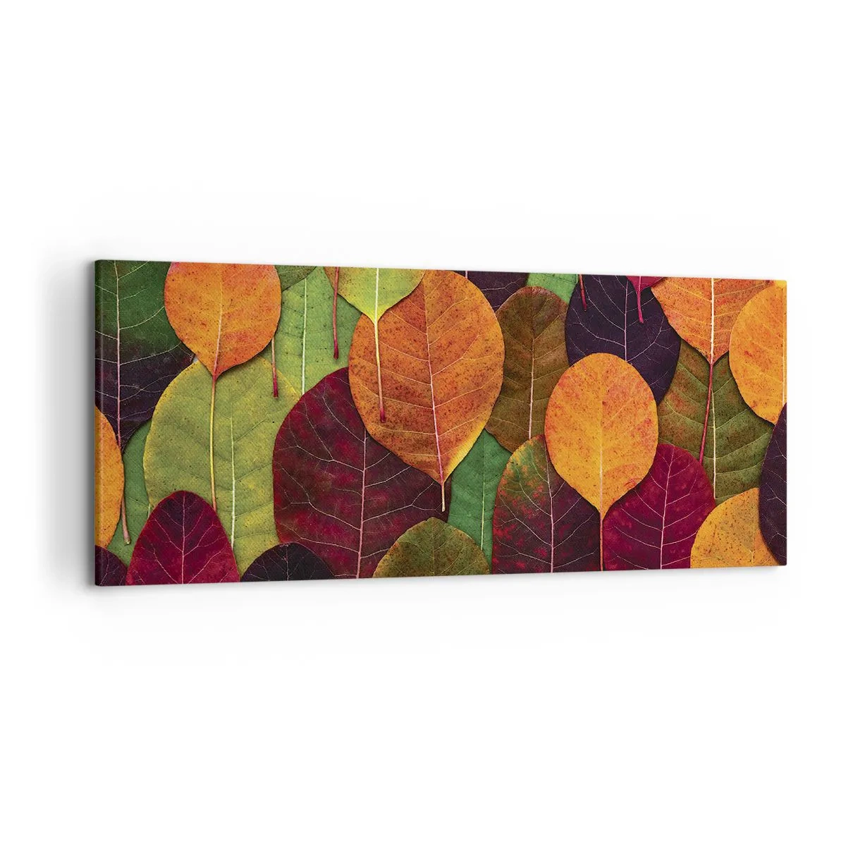 Bild auf Leinwand - Leinwandbild - Bunte Blätter in einem herbstlichen Muster angeordnet - 120x50cm - Herbstmosaik - Moderne Wanddekoration für Wohnzimmer und Schlafzimmer ARTTOR
