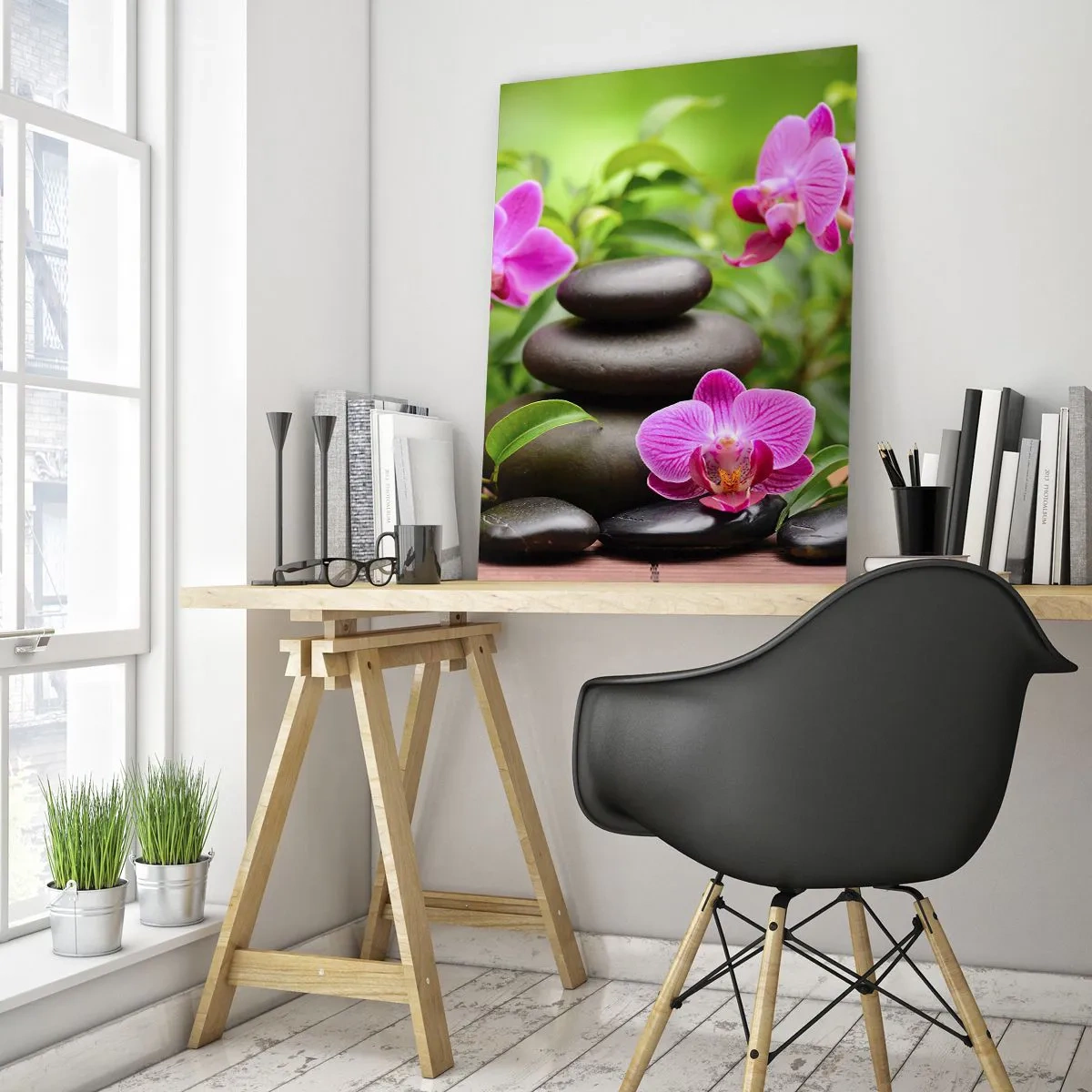 Glasbild - Bild auf glas - Rosa Orchideen und schwarze Steine in einer ruhigen Umgebung - 50x70cm - Die Pyramide des Friedens - Moderne Wanddekoration für Wohnzimmer und Schlafzimmer ARTTOR