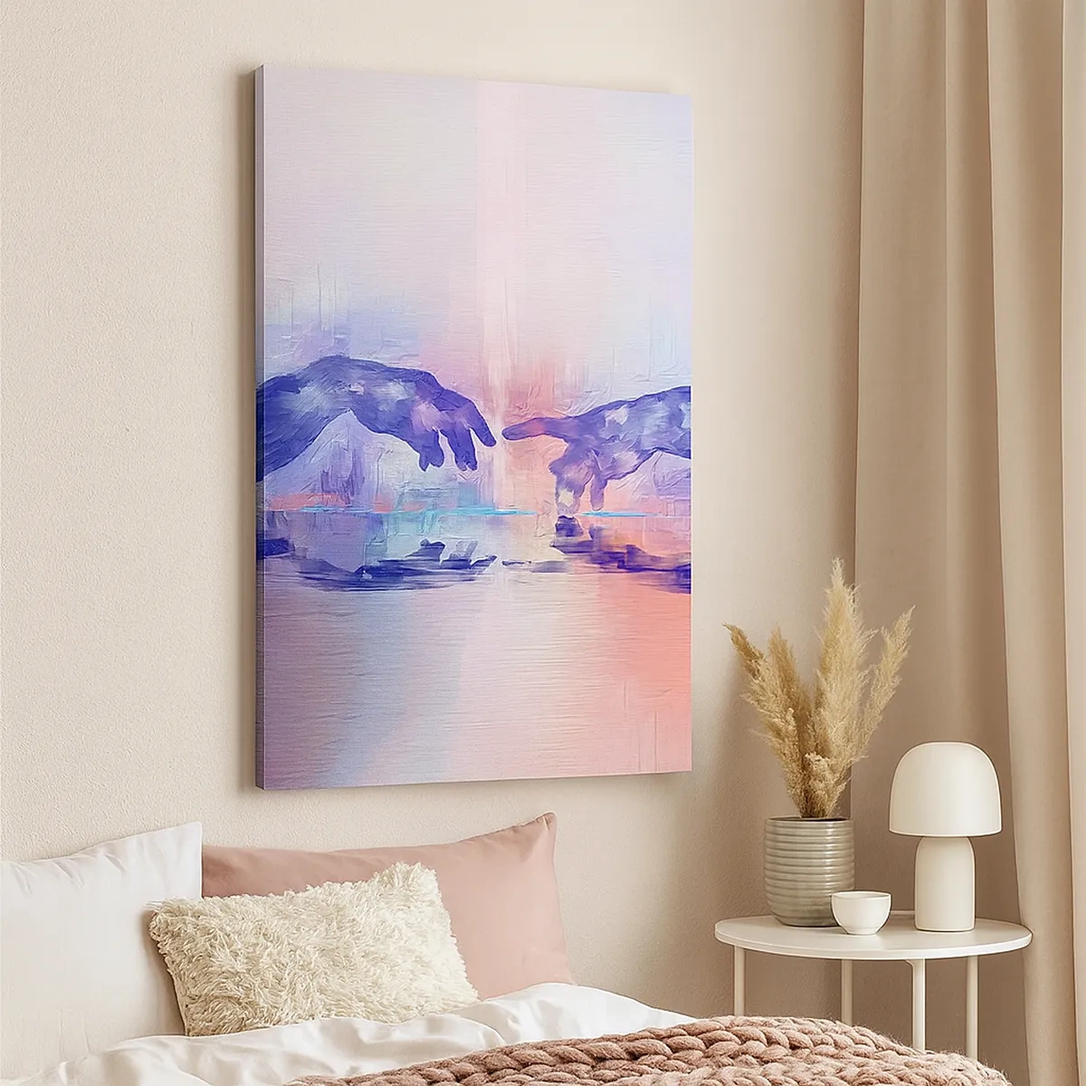 Bild auf Leinwand - Leinwandbild - Symbolische Hände in abstrakten Farben, die auf das Thema der Schöpfung verweisen - 50x70cm - Göttlicher Funke des Lebens - Moderne Wanddekoration für Wohnzimmer und Schlafzimmer ARTTOR