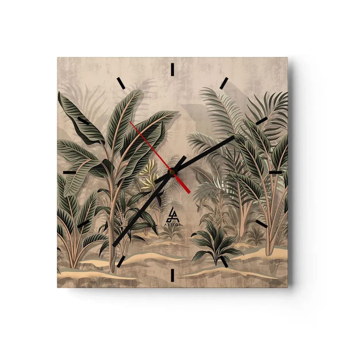 Wanduhr - Glasuhr - Palmen und tropische Vegetation in Grüntönen auf beigem Hintergrund - 30x30cm - Eine Gravur im Kolonialstil - Moderne Wanddekoration für Wohnzimmer und Schlafzimmer ARTTOR