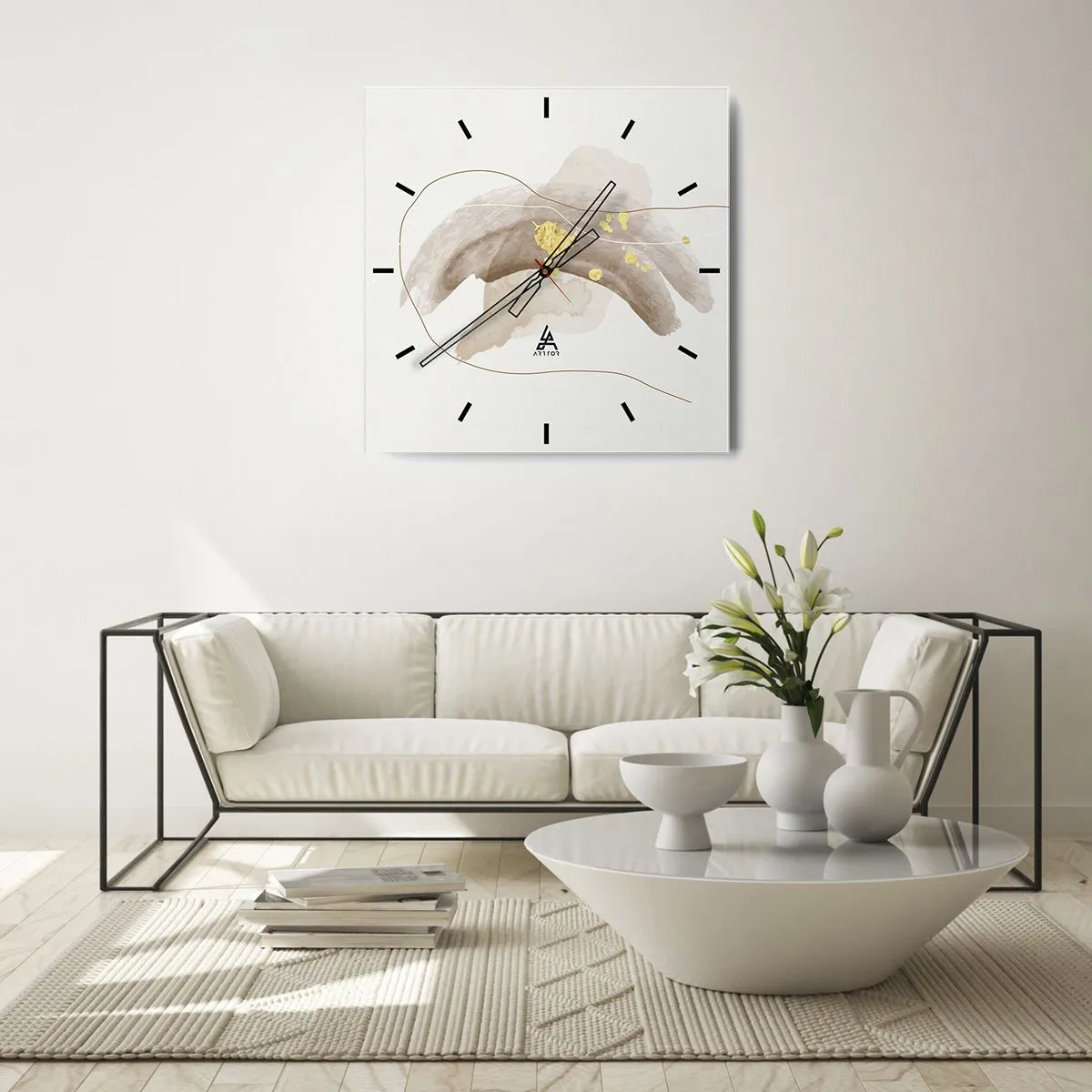 Wanduhr - Glasuhr - Eine abstrakte Komposition in Beige- und Goldtönen. - 30x30cm - Im Weltraum begegnet - Moderne Wanddekoration für Wohnzimmer und Schlafzimmer ARTTOR