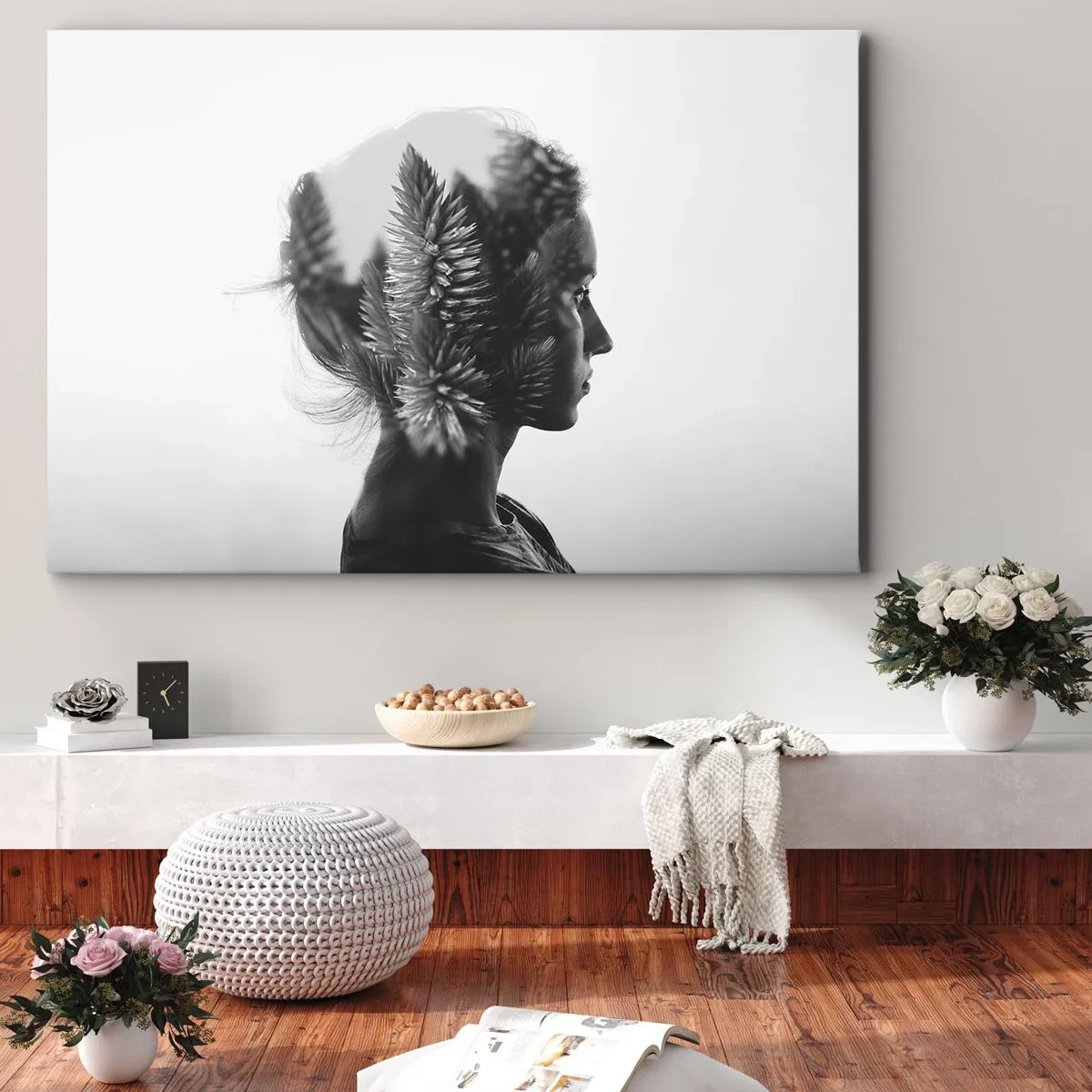 Bild auf Leinwand - Leinwandbild - Ein subtiles Porträt mit Elementen der Natur - 120x80cm - Dame des Kiefernwaldes - Moderne Wanddekoration für Wohnzimmer und Schlafzimmer ARTTOR